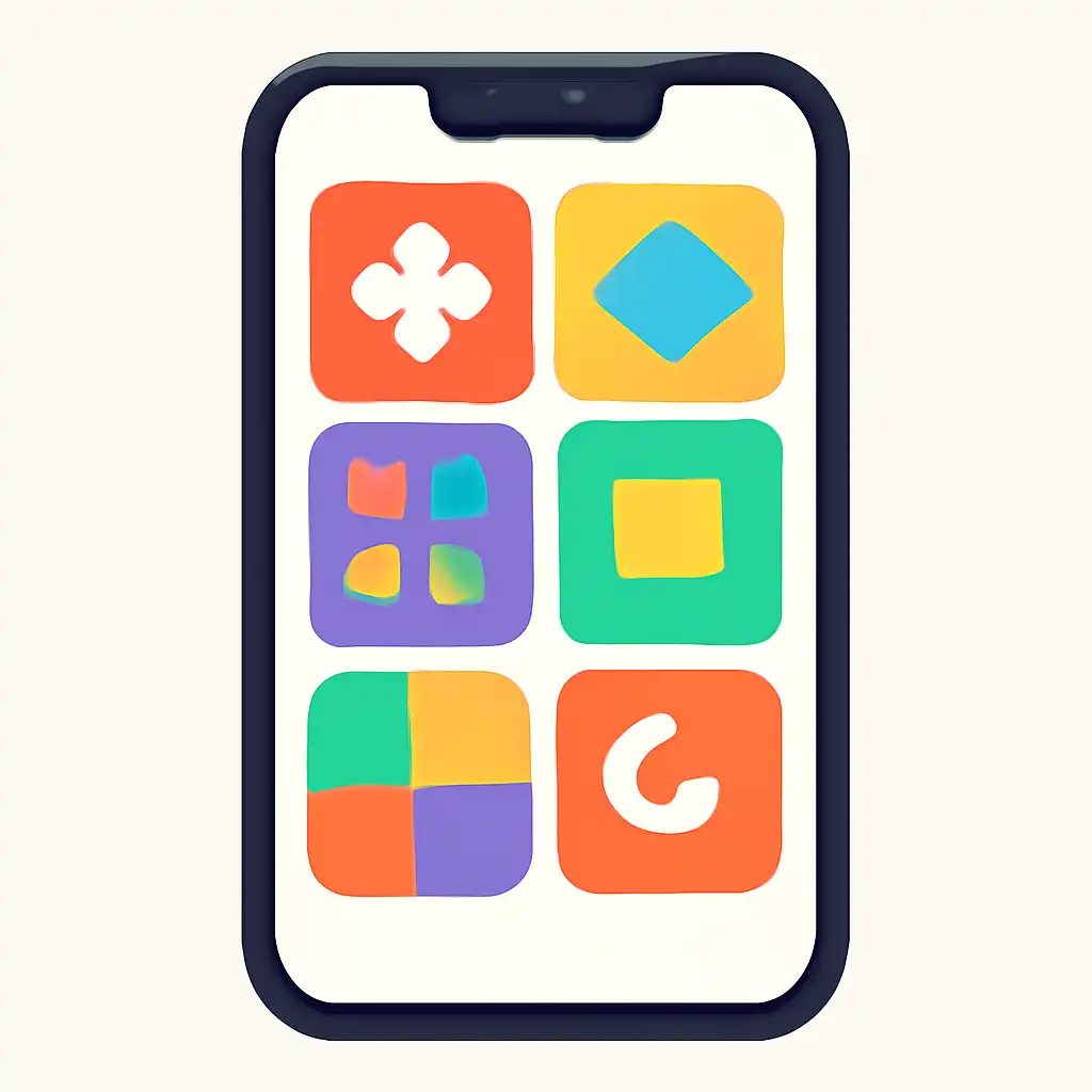 Smartphone shown from the front displaying a colourful flat layout of abstract game icons and rounded tiles (no text, no letters, no labels), 82 Game