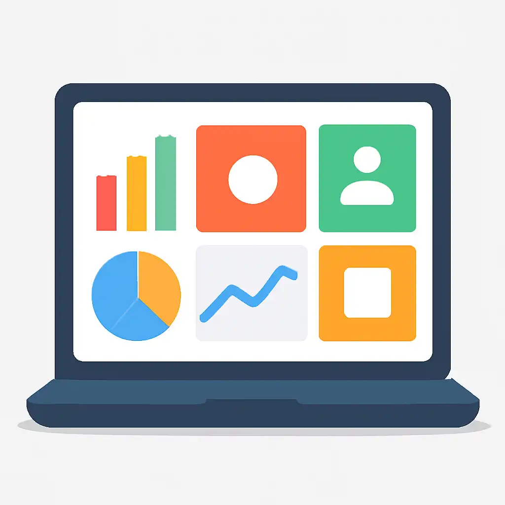 Laptop shown from the front displaying a colourful flat dashboard of abstract charts, bars and icon tiles (no text, no letters, no labels), 82 Game